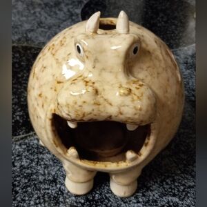 Stoneware Art Pottery Speckled Open Mouth Hippo Tea Light Candle Holder.